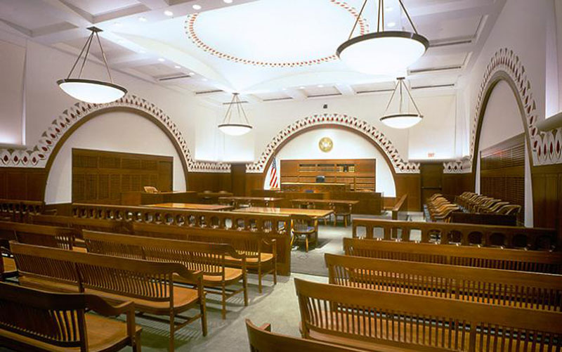 interior of the Moakley Courthouse courtroom